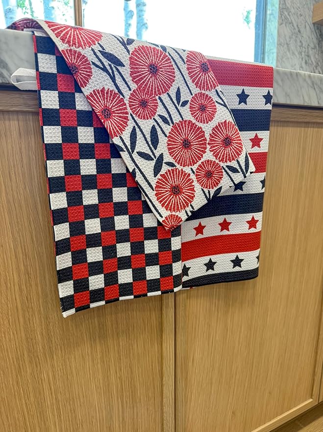 || 3 Pack|| Double Sided Dish Towels || Waffle Weave Microfiber || Tea Towels || Highly Absorbent || Hanging Loop || Dish Cloths || Modern || Designer Prints (July 4th)