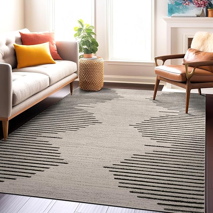 Rugshop Bohemian Stripe Stain Resistant High Traffic Living Room Kitchen Bedroom Dining Home Office Area Rug 6' 6" x 9' Cream