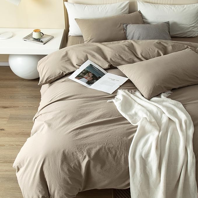 JIYUAN 100% Washed Cotton Duvet Cover Set 3 Pieces Queen, 1 Duvet Cover 90x90 Inches(Comforter Not Included) and 2 Pillowcases,Linen Feel Bedding Set Comfy and Breathable,Khaki