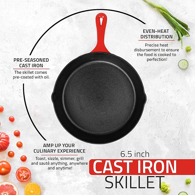 Utopia Kitchen Saute Frying Pan 6.5 Inch, Cast Iron Chefs Pan, Pre Seasoned Cast iron Skillet, Safe Grill Cookware for Indoor & Outdoor Use, Red
