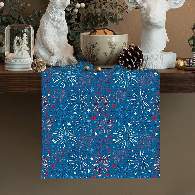 4July Blue Firework Burlap Table Runner Seasonal Spring Fall Kitchen Dining Linen Table Decoration for Indoor Outdoor Home Party Dinner 13x72 Inch