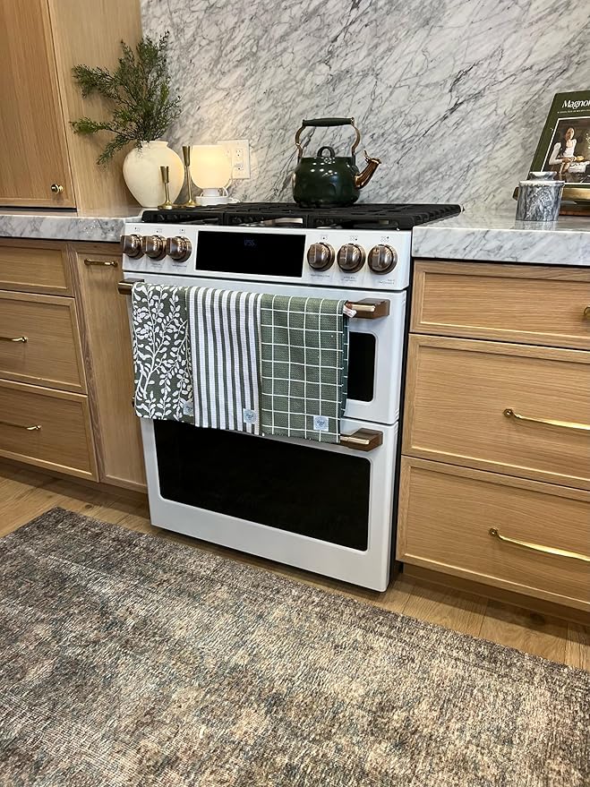 || 3 Pack|| Double Sided || Not Your Ordinary Dish Towels || Waffle Weave Microfiber || Highly Absorbent || Hanging Loop || Dish Cloths || Modern || Designer Prints || Green Stripe