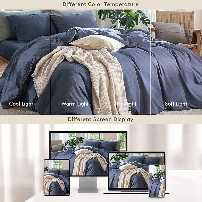 MooMee Bedding Duvet Cover Set 100% Washed Cotton Linen Like Textured Breathable Durable Soft Comfy (Heathered Blue, Queen 90"x90")