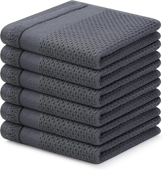Homaxy 100% Cotton Dish Cloths, 6 Pack - 12 x 12 Inches, Waffle Weave Super Soft and Absorbent Dish Towels Quick Drying Dishcloths, Dark Grey
