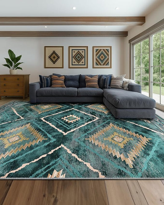 Area Rug 9x12 Rug Machine Washable Non-Slip Low Pile Print Pattern Western Rug for Living Room Bedroom Entryway Tribal Series -Teal/Green