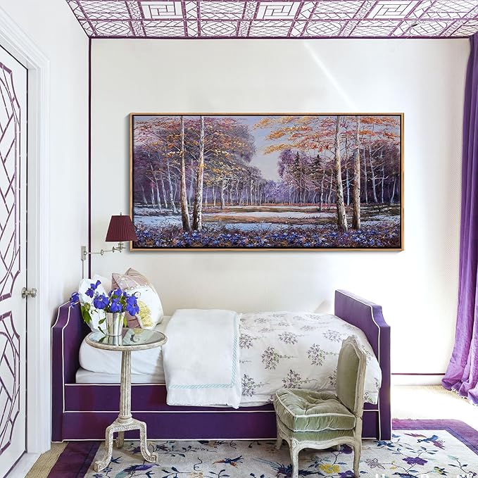 KLAKLA Large Purple Wall Art - Blue and Orange Nature Scenery Tree landscape Wall Decor Living Room Bedroom Forest Pictures Framed Artwork for Wall Blue Flower Wall Art