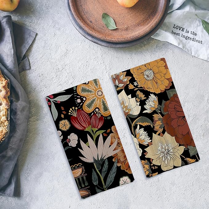 Abstract Floral Kitchen Dish Towels - Vintage Waffle Weave Kitchen Towels, Retro Flower Waffle Weave Decorative Kitchen Towels, Boho Hand Towels for Bathroom (16×24 Inches)