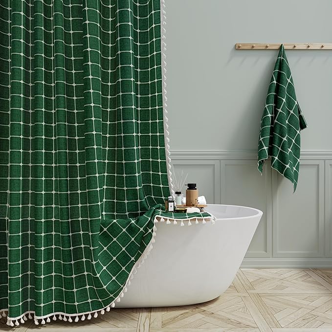 BTTN 60 Inch Stall Shower Curtain - Boho Farmhouse Linen Thick Fabric Cloth Shower Curtain Set with 10 Plastic Hooks, Bohemian Country Decorative Shower Curtain for Bathroom - 60x72 - Emerald Green