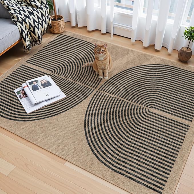 Lahome Modern Rainbow Easy Jute Office Rug, Outdoor Patio Rug 4x6 for Living Room Washable Carpet for Bedroom, Farmhouse Contemporary Non Slip Non Shedding Black Carpet for Backyard