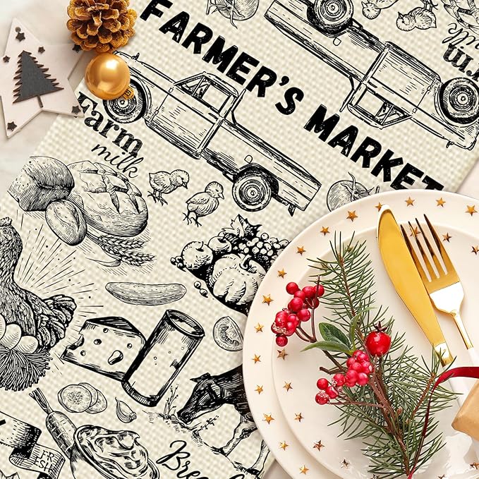 Farm Burlap Table Runner Seasonal Spring Fall Kitchen Dining Linen Table Decoration for Indoor Outdoor Home Party Dinner 13x72 Inch