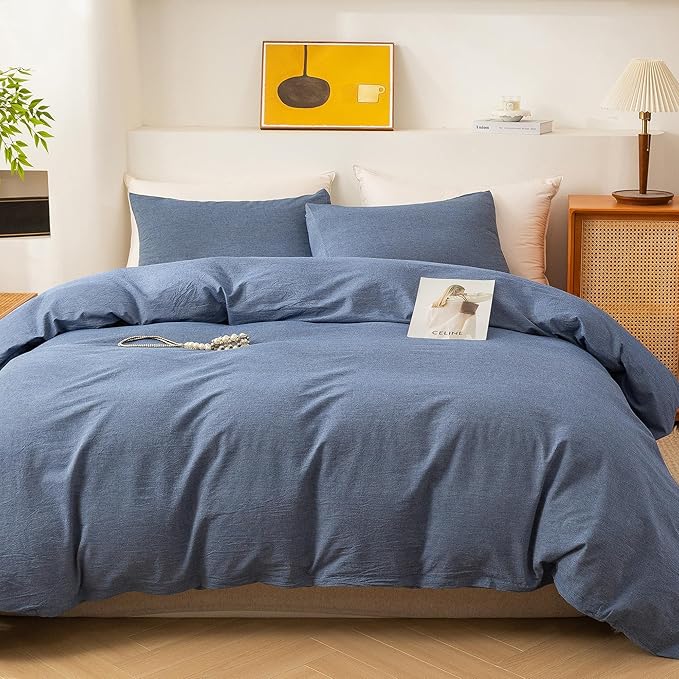 ECOCOTT Denim Blue Duvet Cover Queen Size, 100% Washed Cotton 1 Duvet Cover with Zipper and 2 Pillowcases, Ultra Soft and Easy Care Breathable Cozy Bedding Set (Denim Blue, Queen)