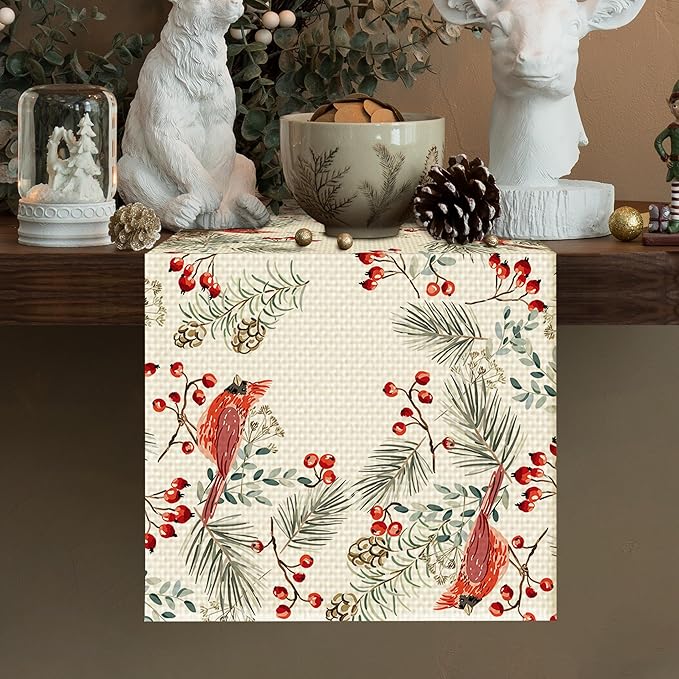 Christmas Bird Burlap Table Runner Seasonal Spring Fall Kitchen Dining Linen Table Decoration for Indoor Outdoor Home Party Dinner 13x72 Inch