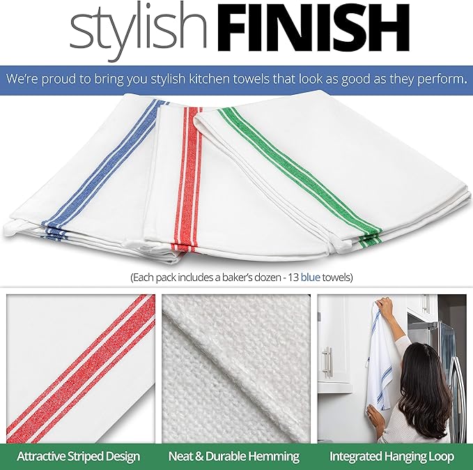 Aunti Em's Kitchen Dish Towels Set (13 Pack) Natural Cotton Fabric for Embroidery - Zero-Lint Cloth for Drying Glasses, Plates, Hand - 25.5 x 15.5 Inch (13-Pack Blue Stripes)