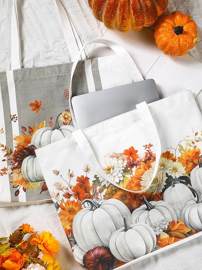 Bencailor 2 Pcs Fall Canvas Tote Bag Thanksgiving Pumpkin Maple Leaf Tote Pouch Cute Aesthetic Reusable Grocery Bag for Women
