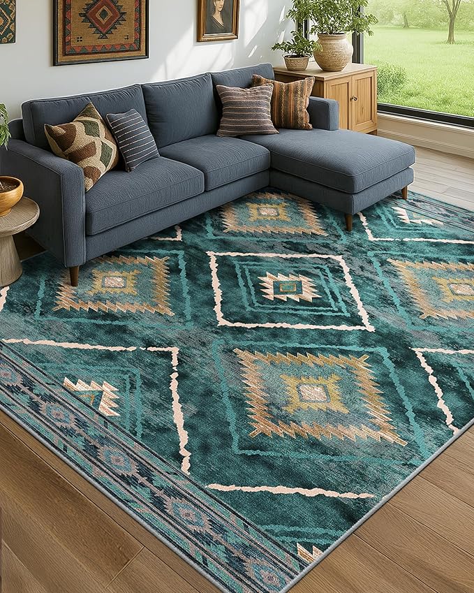 Area Rug 8x10 Rug Machine Washable Non-Slip Low Pile Print Pattern Western Rug for Living Room Bedroom Entryway Tribal Series -Teal/Green