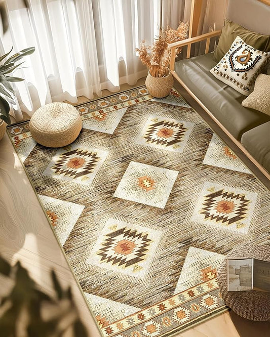 Area Rug 5x7 Rug Machine Washable Non-Slip Low Pile Print Pattern Western Rug for Living Room Bedroom Entryway Tribal Series -Cream/Camel