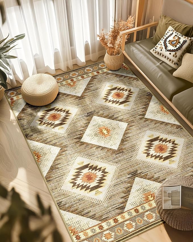 Area Rug 3x5 Rug Machine Washable Non-Slip Low Pile Print Pattern Western Rug for Living Room Bedroom Entryway Tribal Series -Cream/Camel