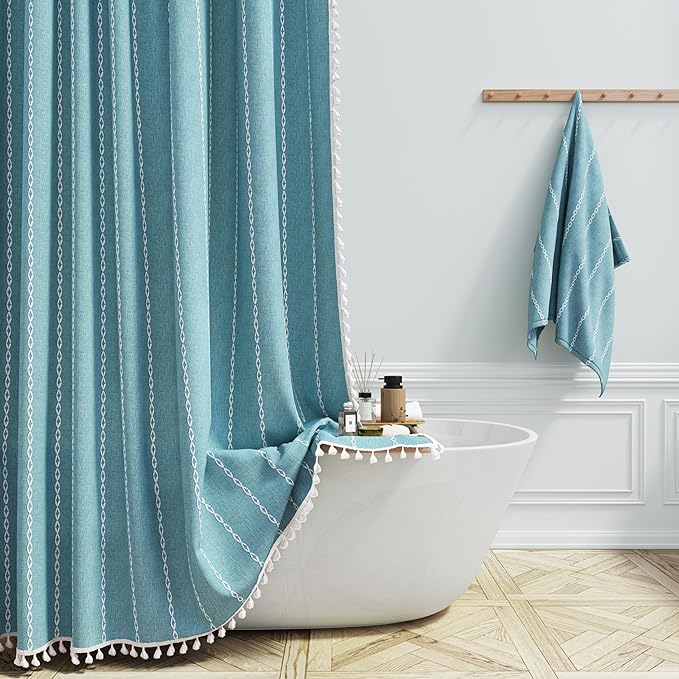 BTTN Extra Long Shower Curtain, 72x84 Boho Rustic Striped Linen Fabric Shower Curtain Set with Tassel, Tall Farmhouse Luxury Water Resistant Cloth Shower Curtain for Bathroom with Hooks, Teal