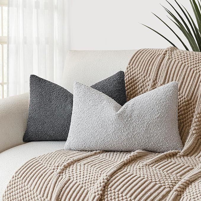 Foindtower Pack of 2 Textured Boucle Throw Pillow Covers Accent Solid Decorative Lumbar Pillow Cases Cozy Woven Couch Cushion Case for Sofa Bedroom Living Room Home Decor, 12 x 20 Inch,Light Grey