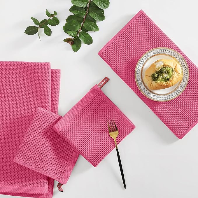 Homaxy 100% Cotton Kitchen Towels and Dishcloths Set, 12 x 12 Inches and 13 x 28 Inches, Set of 10 Bulk Kitchen Towels Set, Ultra Soft Absorbent Dish Cloths for Washing Dishes, Hot Pink
