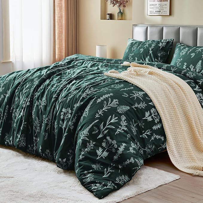MUXHOMO Duvet Cover King Size, Reversible Floral Forest Green Duvet Cover Set with Zipper Closure, 3 Pieces Botanical Patterns Soft Microfiber Bedding Set with 4 Ties (90"x104", 2 Pillow Cases)