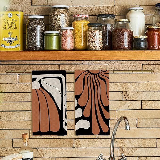 Black and White Floral Kitchen Towels, Retro 70s Groovy Hand Towels for Bathroom Decor, Modern Minimalist Botanical Dish Tea Towels for Kitchen Decor(16×24 Set of 2)