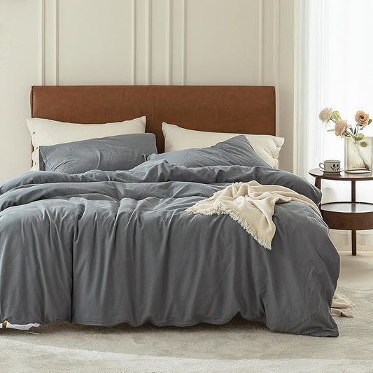 FOSSA Duvet Cover Set 100% Washed Cotton 2 Pieces Bedding Set Twill Soft Cozy Breathable Sturdy Substantial with Textured Weave Solid Blueish Grey Twin/Twin XL