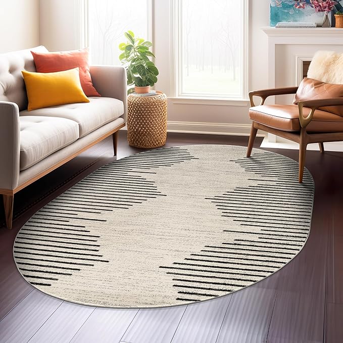Rugshop Bohemian Stripe Stain Resistant High Traffic Living Room Kitchen Bedroom Dining Home Office Oval Rug 5' x 7' Cream