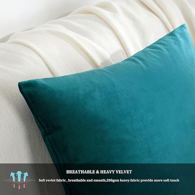 GIGIZAZA Decorative Throw Pillow Covers 16 x 16, Teal Peacock Green Soft Pillow Covers Velvet,Set of 4 Decor Square Cushion Covers