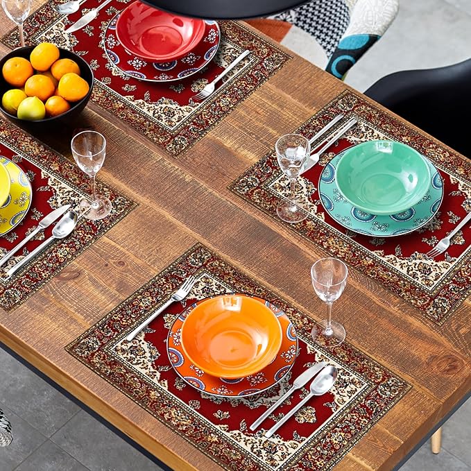 Giwawa 12"x18" Ethnic Boho Placemats Set of 4 Antique Tribal Rustic Red Floral Table Mats Farmhouse Carpet Stain Resistant Washable Linen Place Mat for Kitchen Dining Picnic Party Decor
