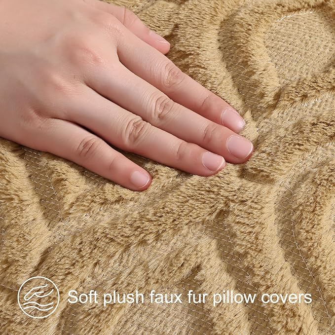 decorUhome Throw Pillow Covers 18x18 Inch Set of 2, Soft Plush Decorative Faux Fur Light Brown Solid Couch Pillow Covers, Accent Farmhouse Neutral Square Euro Pillow Cases for Sofa Bed Living Room