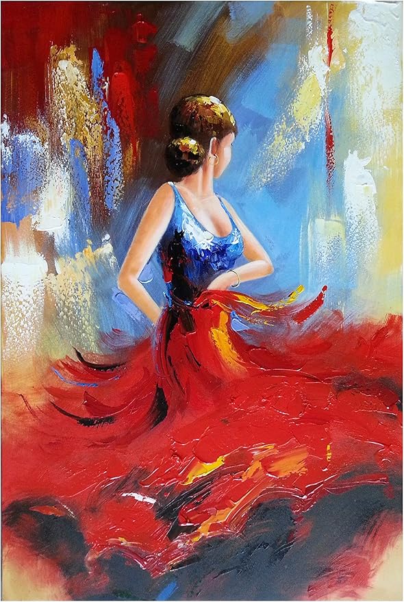 Wieco Art Flying Skirt Abstract Dancing People Oil Paintings on Canvas Wall Art work for Living Room Bedroom Home Decorations Wall Decor Large Modern Stretched and Framed Red Girl Dancer Artwork 24x36