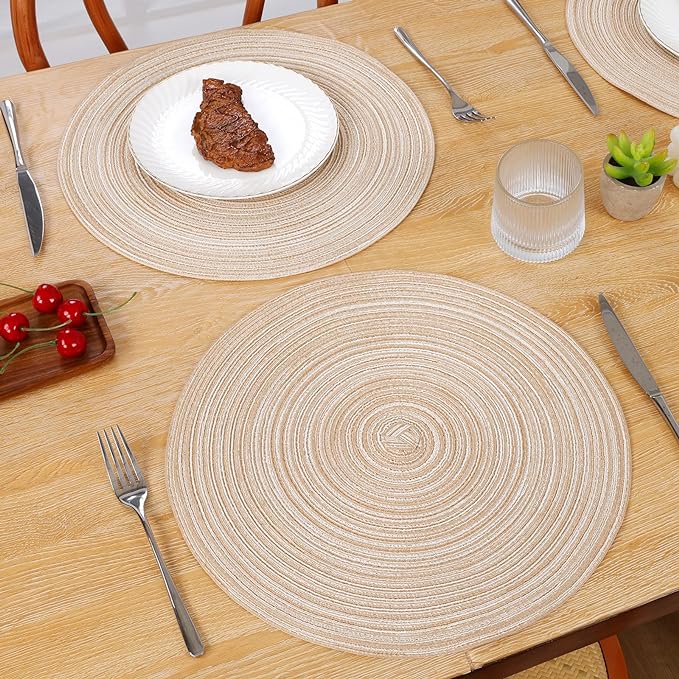 SHACOS 15 inch Round Braided Placemats Set of 6 Non Slip Heat Resistant Cotton Polyester Table Mats Washable Place Mats for Kitchen Dining Party Table Decor (Beige, 6)