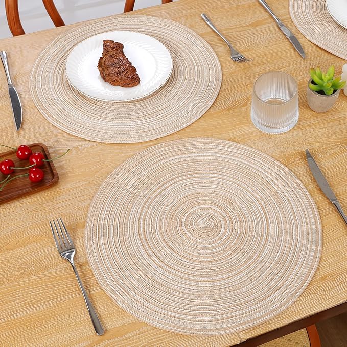 SHACOS Round Braided Placemats Set of 8 Cotton Fabric Round Table Mats Non Slip Washable 15 inch Round Place Mats (Beige, 8)