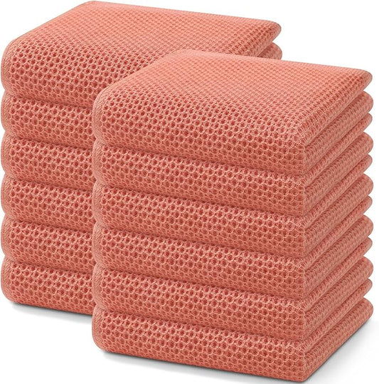 Homaxy 100% Cotton Waffle Weave Kitchen Dish Towels, Ultra Soft Absorbent Quick Drying Cleaning Towel, 13 x 28 Inches, 12-Pack, Coral