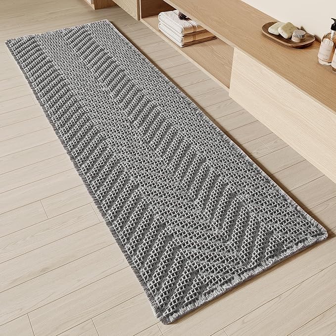 Bathroom Runner Rug Super Absorbent Non Slip Long Bath Mat Machine Washable Boho Bathroom Rugs Quick Dry Rug Runners for Hallway Bedroom Laundry Room,Grey, 2'x 6'(24" x 72")