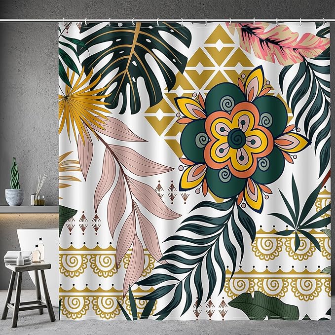 Aimego Boho Abstract Shower Curtains - Mid Century Modern Floral Bohemian Minimalist Flowers Tropical Botanical Bath Shower Curtain Set with 12 Hooks for Adults Bathroom Decor Accessories, 72"x72"