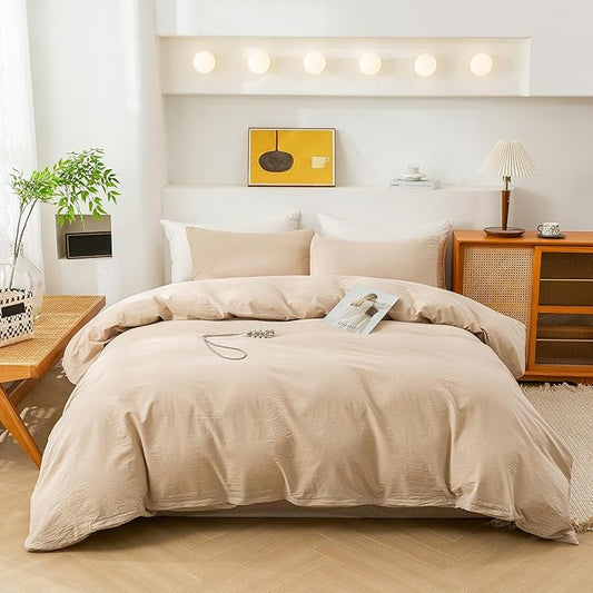 ECOCOTT Duvet Cover Set, 100% Washed Cotton Linen-Like Textured Soft & Breathable, Durable Comfy Bedding Set for All Seasons (Khaki, Twin)