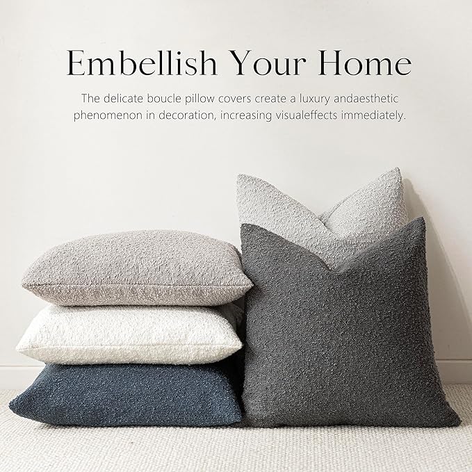 Foindtower Pack of 2 Textured Boucle Throw Pillow Covers Accent Solid Decorative Pillow Cases Cozy Woven Couch Cushion Case for Sofa Bedroom Living Room Home Decor, 18 x 18 Inch,Dark Grey
