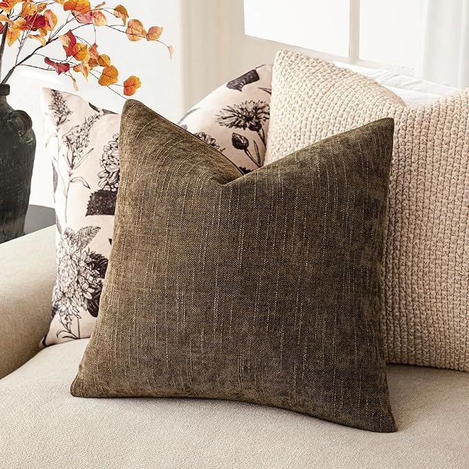 Foindtower Pack of 2 Soft Textured Chenille Throw Decorative Pillow Covers Square Accent Solid Cushion Cover Neutral Farmhouse Pillow Case for Couch Sofa Bedroom Living Room 26x26 Inch,Taupe Brown