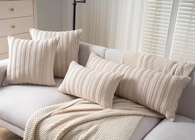 Boho Lumbar Pillow Covers 14x36 Long, Farmhouse Decorative Couch Pillow Cases, Beige Accent Pillows of Bed, Sofa Bedroom Living Room Home Decor Cushion Cover, Pack of 1