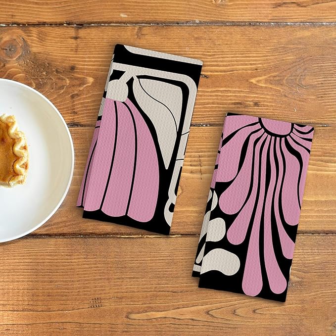Abstract Boho Pink and Beige Floral Kitchen Towels Set of 2, Retro 70s Groovy Floral Hand Towels for Bathroom Decor, Modern Minimalist Botanical Dish Tea Towels for Kitchen Decor, 16x24 Inch