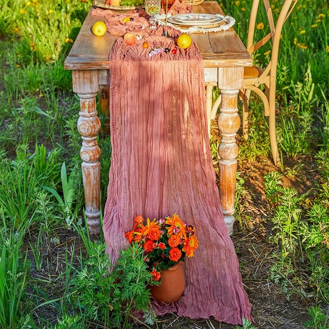 2 Pieces Boho Table Runners Dusty Blush Cheesecloth Table Runner Boho Gauze Cheese ClothTable Runner Rustic Sheer Table Runner 10FT Long for Wedding Bridal Shower Birthday Party Table Decorations