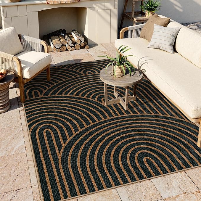 Lahome Modern Rainbow Easy Jute Carpet, Washable 5x7 Area Rugs for Living Room Black Farmhouse Dining Room Rug, Contemporary Natural Throw Mat Non Slip Floor Carpet for Office RV Patio