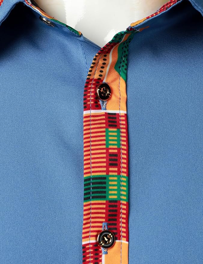 ZEROYAA Men's African Printed Patchwork Design Short Sleeve Button up Shirt