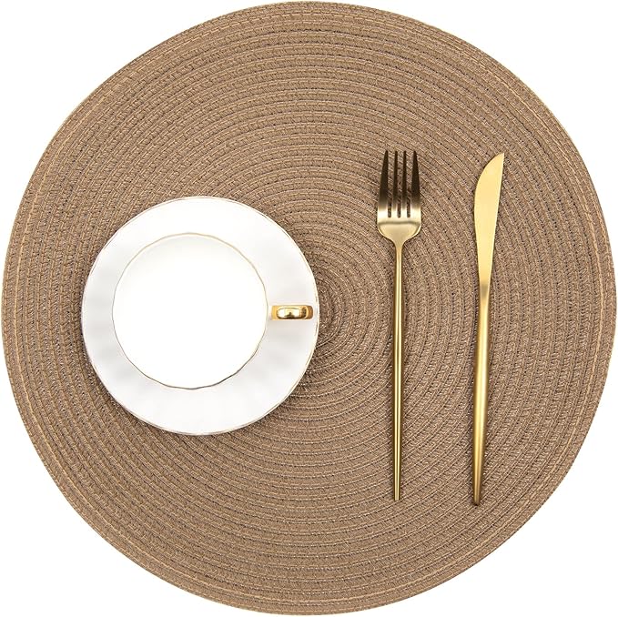 SHACOS Round Braided Placemats Set of 6 Washable Cotton Polyester 15 inch Round Table Place Mat for Dining Table (Brown, 6)