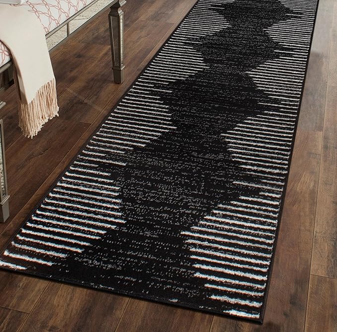 Rugshop Bohemian Stripe Stain Resistant High Traffic Living Room Kitchen Bedroom Dining Home Office Runner Rug 2'7" x 6' Black