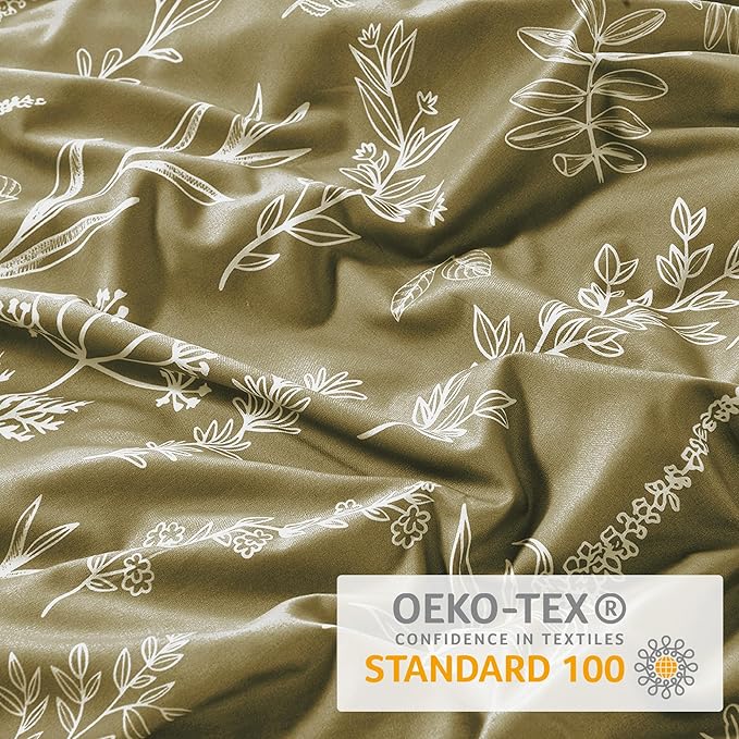 MUXHOMO Duvet Cover Queen Size, Reversible Floral Olive Green Duvet Cover Set with Zipper Closure, 3 Pieces Botanical Patterns Soft Microfiber Bedding Set with 4 Ties (90"x90", 2 Pillow Cases)