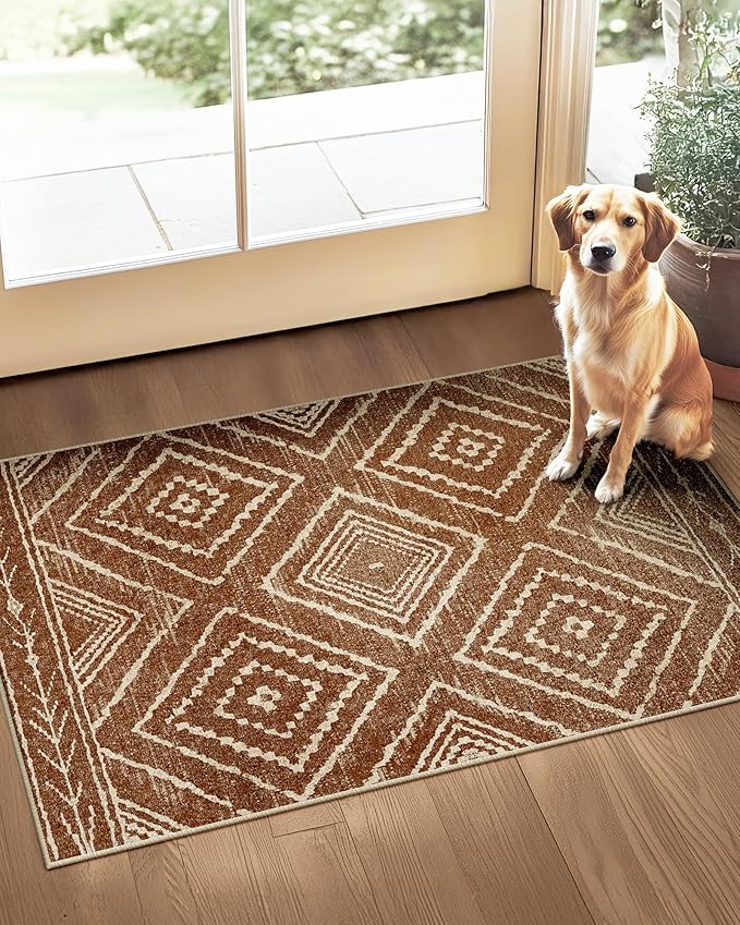 Area Rug 2x3 Rug Machine Washable Non-Slip Low Pile Print Pattern Western Rug for Living Room Bedroom Entryway Tribal Series -Yellowbrown/Cream