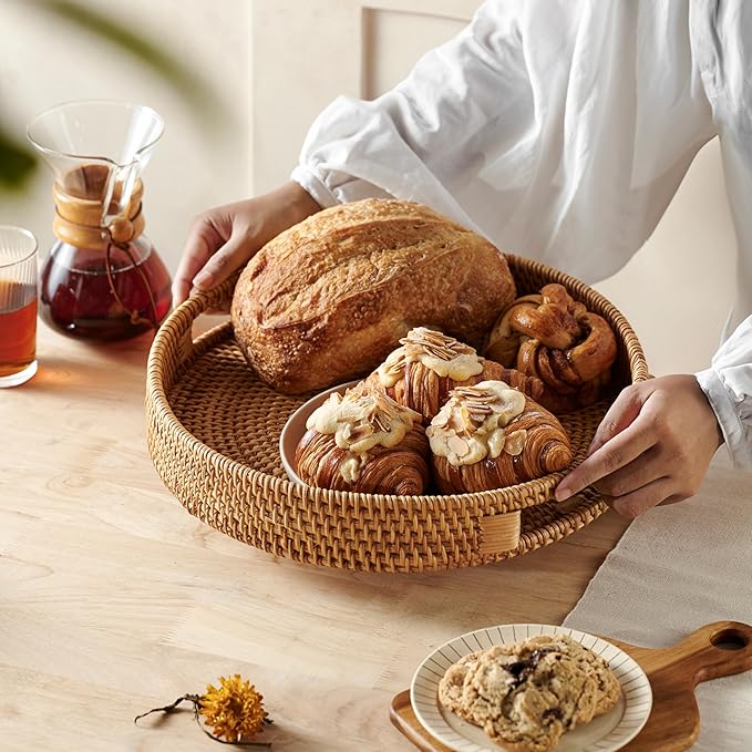 JUNGLE CULTURE Large Rattan Serving Tray 14" in Natural Honey • Round Table Basket • Wicker Ottoman Trays with Handles for Coffee Table, Bed Side or Couch • Flat Circle Woven Tray • Boho Farmhouse
